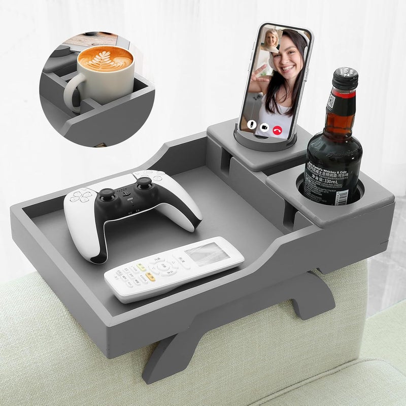 GHKINMAL Couch Cup Holder, 4-in-1 Side Couch Arm Tray with Phone Holder, Sofa Clip on Side Table for Wide Couches Arm, Suitable for Home Drinks/Remote/Snacks-Grey - Image 1